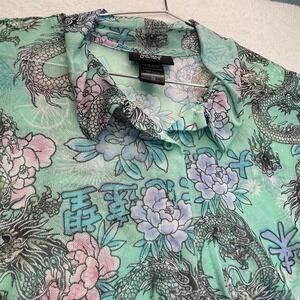 Y2K Mesh Top Women M Mint Green Dragon Sheer Cropped Layer Festival K-pop Asian